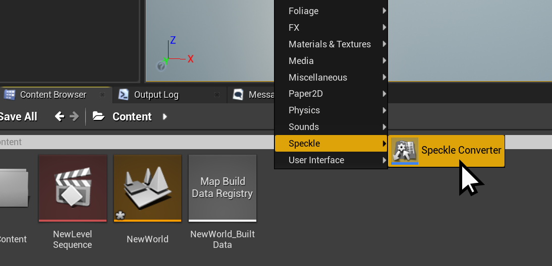 Screenshot of the Content's "Create Advanced Asset" context menu, with Speckle Converter highlighted